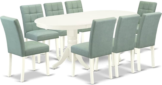 East West Furniture VAAS9-LWH-43 9 Piece Dining Room Set Includes A Wooden Dining Table and 8 Willow Green Polyester Fabric Parsons Chairs, Linen White