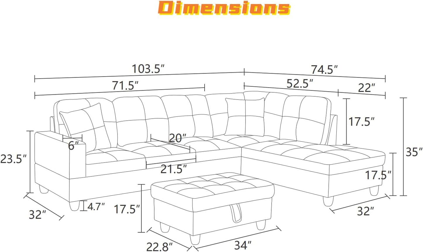 L Shaped Sectional Couch with Otttoman, 103" Sectional Sofa for Living Room Flannel Modular Couches with Cup Holders for Bedroom, Apartments, Light Grey