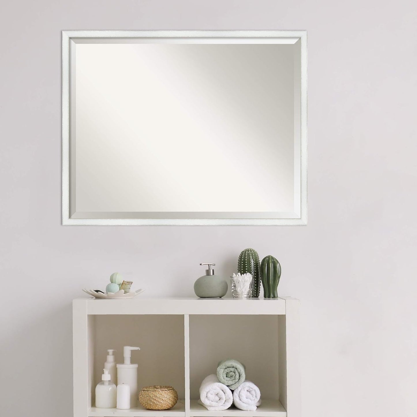 Amanti Art White Bathroom Mirror for Over Sink, 23x29 Breeze Distressed White Rectangle Vanity Mirror, Large Country Rustic Wood Frame, Hangs Horizonally and Vertically, Bathroom Wall Decor, Beveled