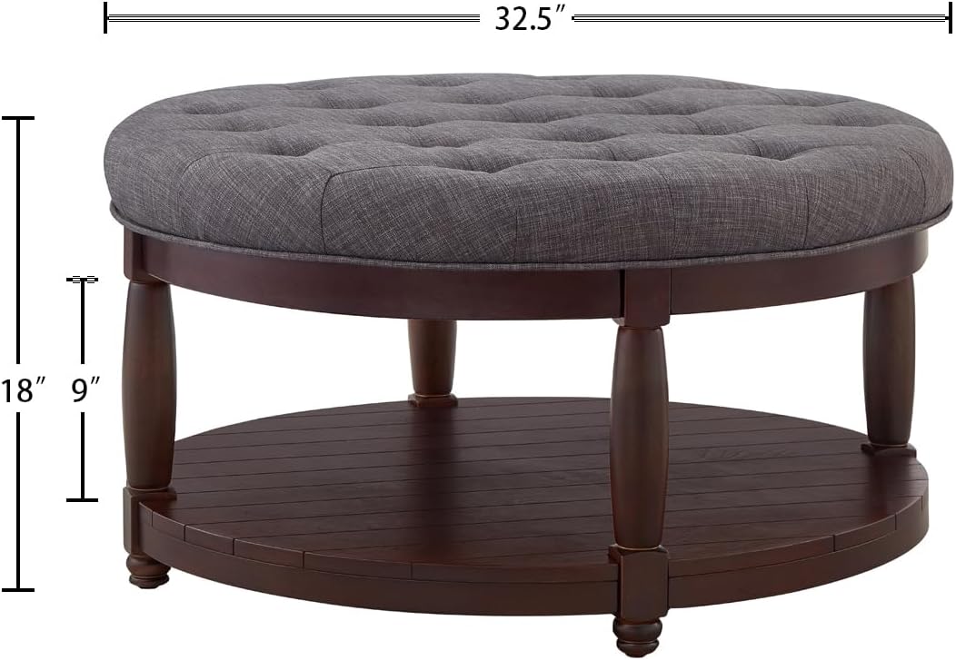 24KF Upholstered Round Coffee Table with Wooden Shelf, Tufted Button Large Round Ottoman with Spindle Wooden Legs, Linen Large Footrest Ottoman Pouf for Living Room, Dark Gray