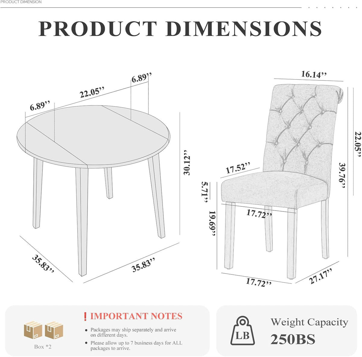 COLAMY 3-Piece Extendable Dining Table Set for 2, 36" Kitchen Round Wood Table with 2 Tufted Dining Room Chairs,Light Brown/Dark Grey