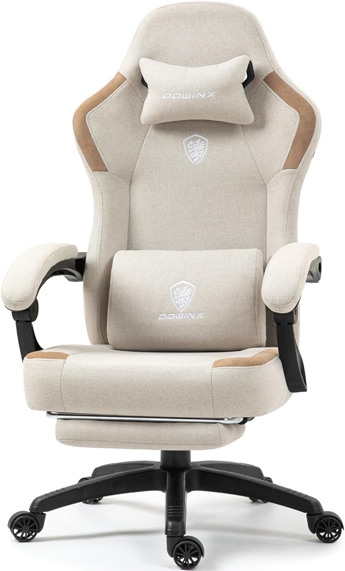 Dowinx Fabric Gaming Chair with Pocket Spring Cushion,Breathable Computer Chairs with Massage Lumbar Support and Footrest,High Back Game Office Chair for Adult,Beige