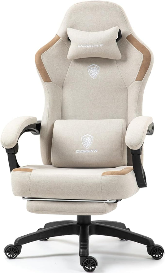 Dowinx Fabric Gaming Chair with Pocket Spring Cushion,Breathable Computer Chairs with Massage Lumbar Support and Footrest,High Back Game Office Chair for Adult,Beige