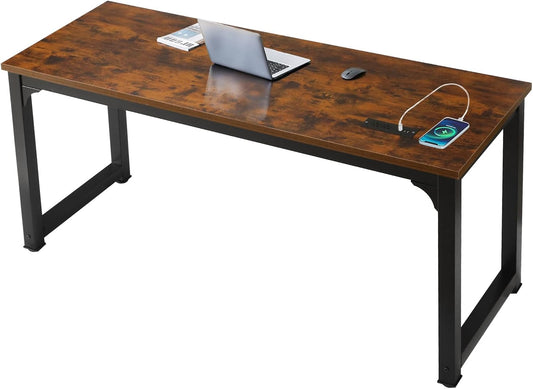 Large Computer Desk - 63 Inch Home Office Desks Study Student Writing Table Gaming Desk Wood Modern Simple Table with USB Ports, Rustic Brown