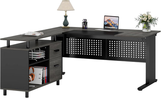 LITTLE TREE Large Computer Desk with File Cabinet, 63 Inch Executive Desk L Shaped Office Desk with Drawers and Storage Shelves, Business Furniture Desk Workstation for Home Office