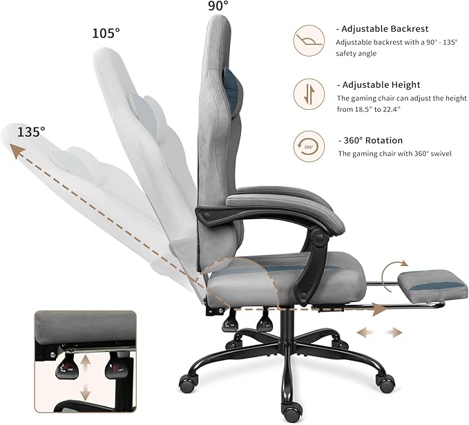 Breathable Fabric Gaming Chair with Footrest, Height Adjustable Game Chair, Video Gaming Chair for Gaming Room, Living Room and Office - Light Grey/Blue