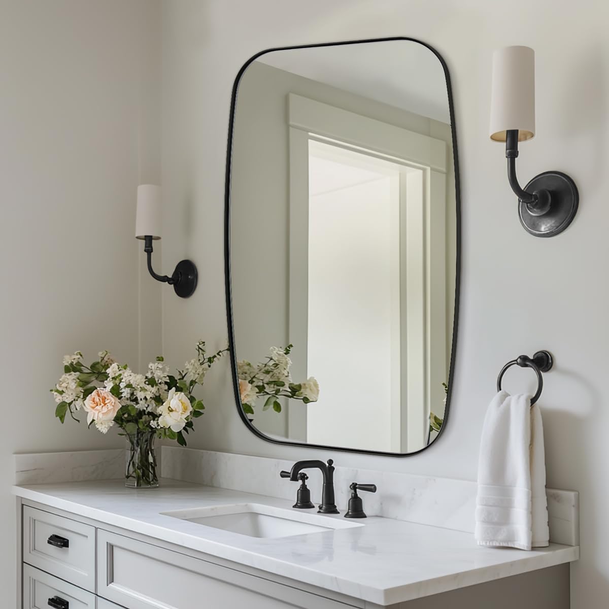 ANDY STAR Black Oblong Mirror, 32x40 Inch Black Oval Mirror for Bathroom with Stainless Steel Metal Frame, Wall Mouned for Bathroom, Living Room, Entryway