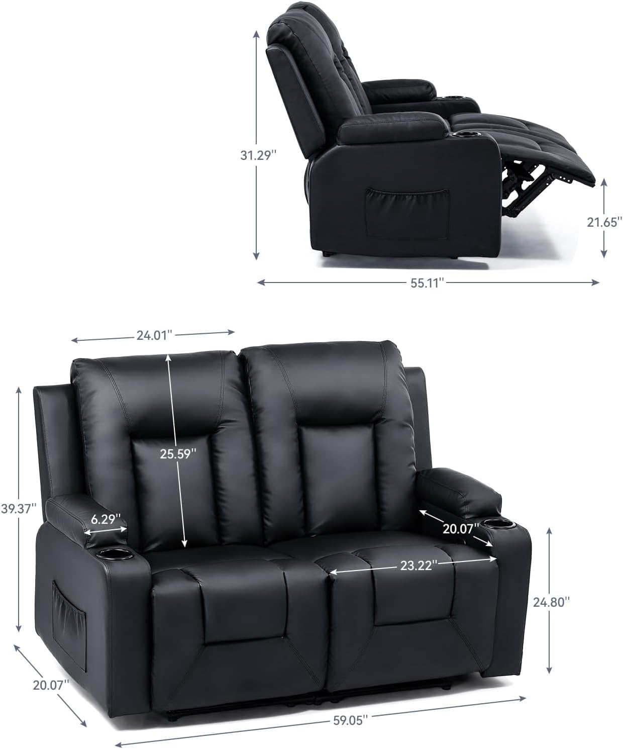 LUCKLIFE Leather Recliner Sofa Set with Manual Recliners,Living Room Furniture Set with Reclining Couch,Loveseat and Armchair,Living Room Chair with Cup Holders,Black (2+1)