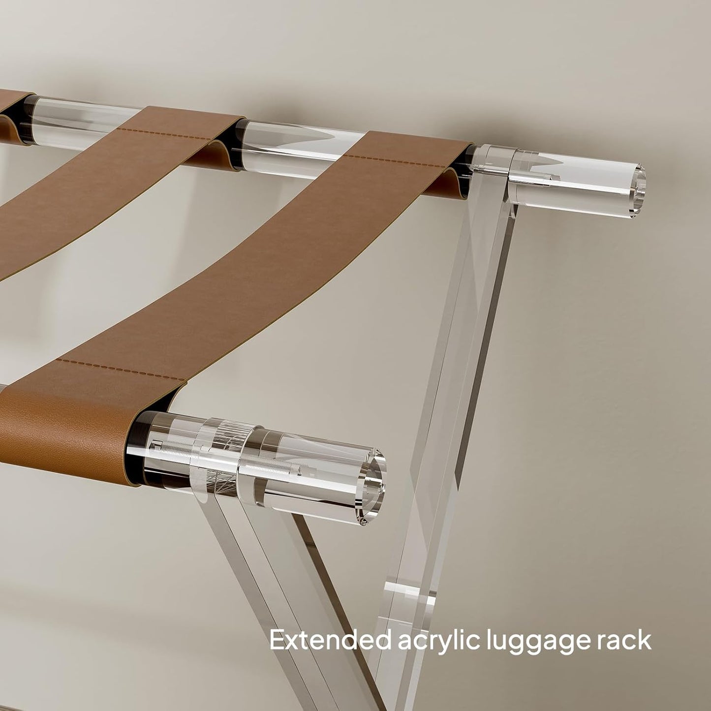 Sumerflos Acrylic Luggage Rack for Guest Room - Foldable Suitcase Stand with Leather Straps for Bedroom Living Room Hotel Heavy-Duty, Holds up to 50-100 lb lightweight Space Saving (Brown & Handle - 2 Pcs)