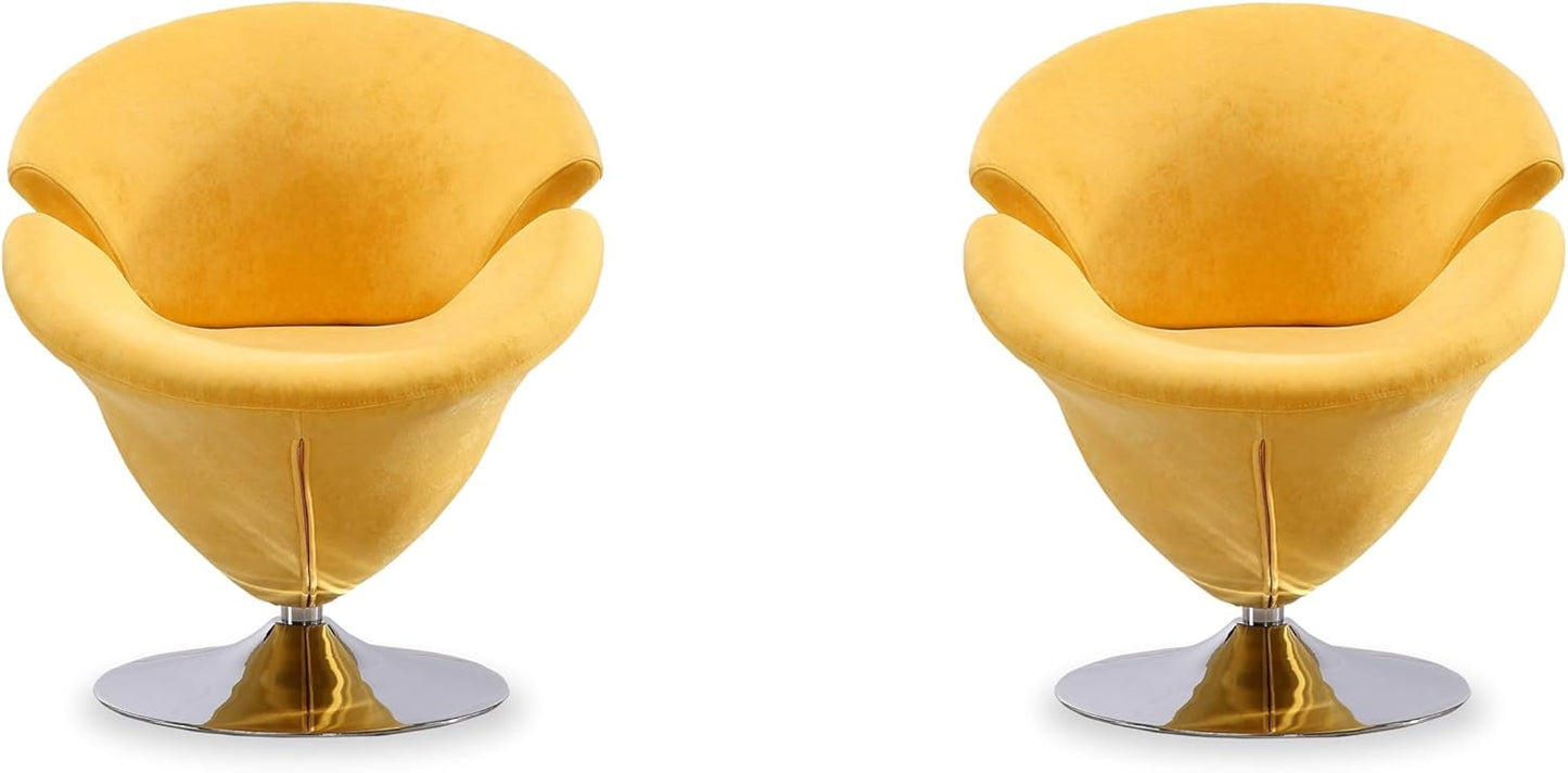 Manhattan Comfort Tulip Swivel Accent Chair Set of 2 with 360° Turn, Modern Flower Inspired Design, Soft Velvet Upholstery, Polished Chrome Base, No Assembly Required, 300 Lbs Capacity, Yellow