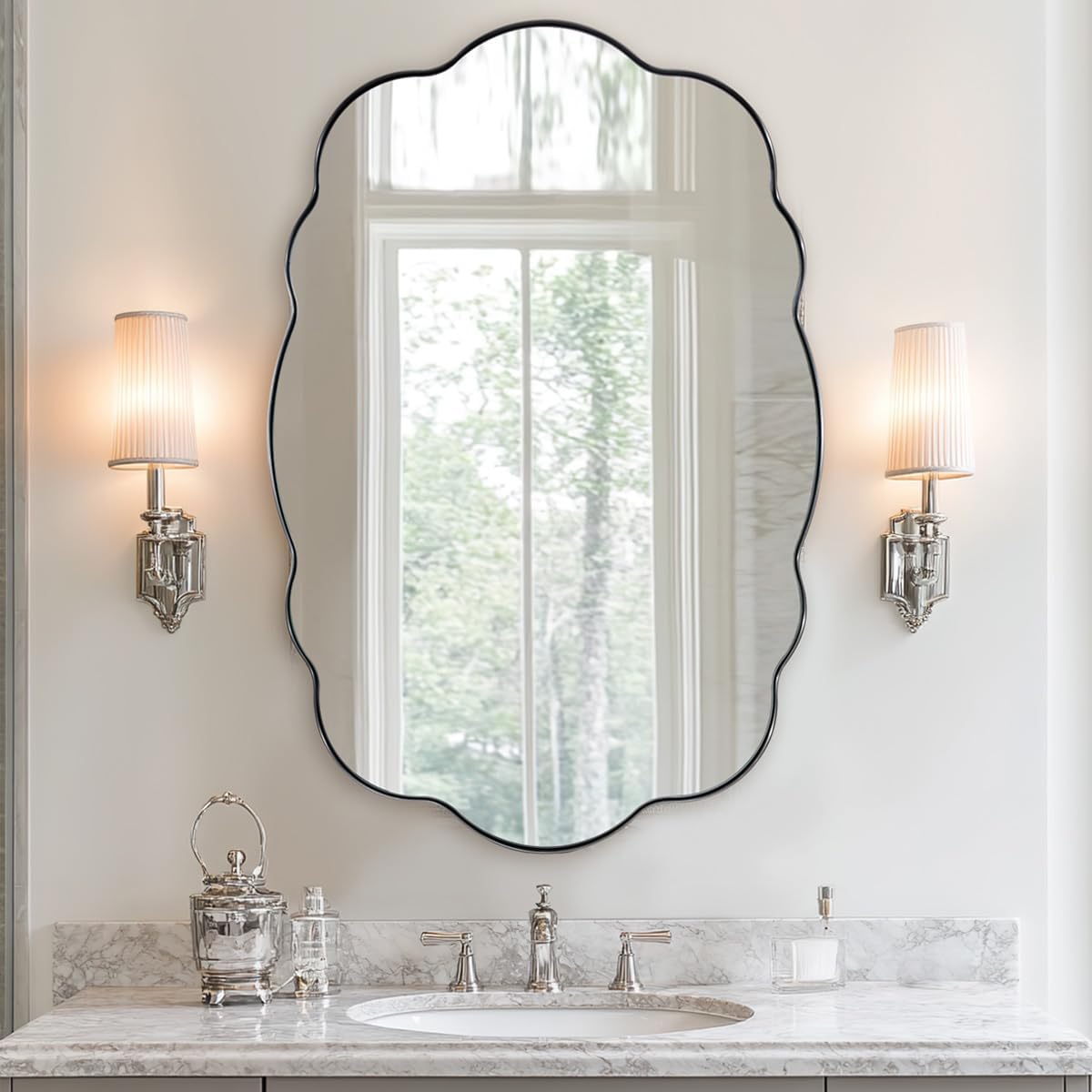 ANDY STAR Brushed Nickel Mirror Scalloped Edge - Modern Bathroom Wall Mirror 22x30 Inch, Corrosion Resistant, Easy Clean SUS Frame