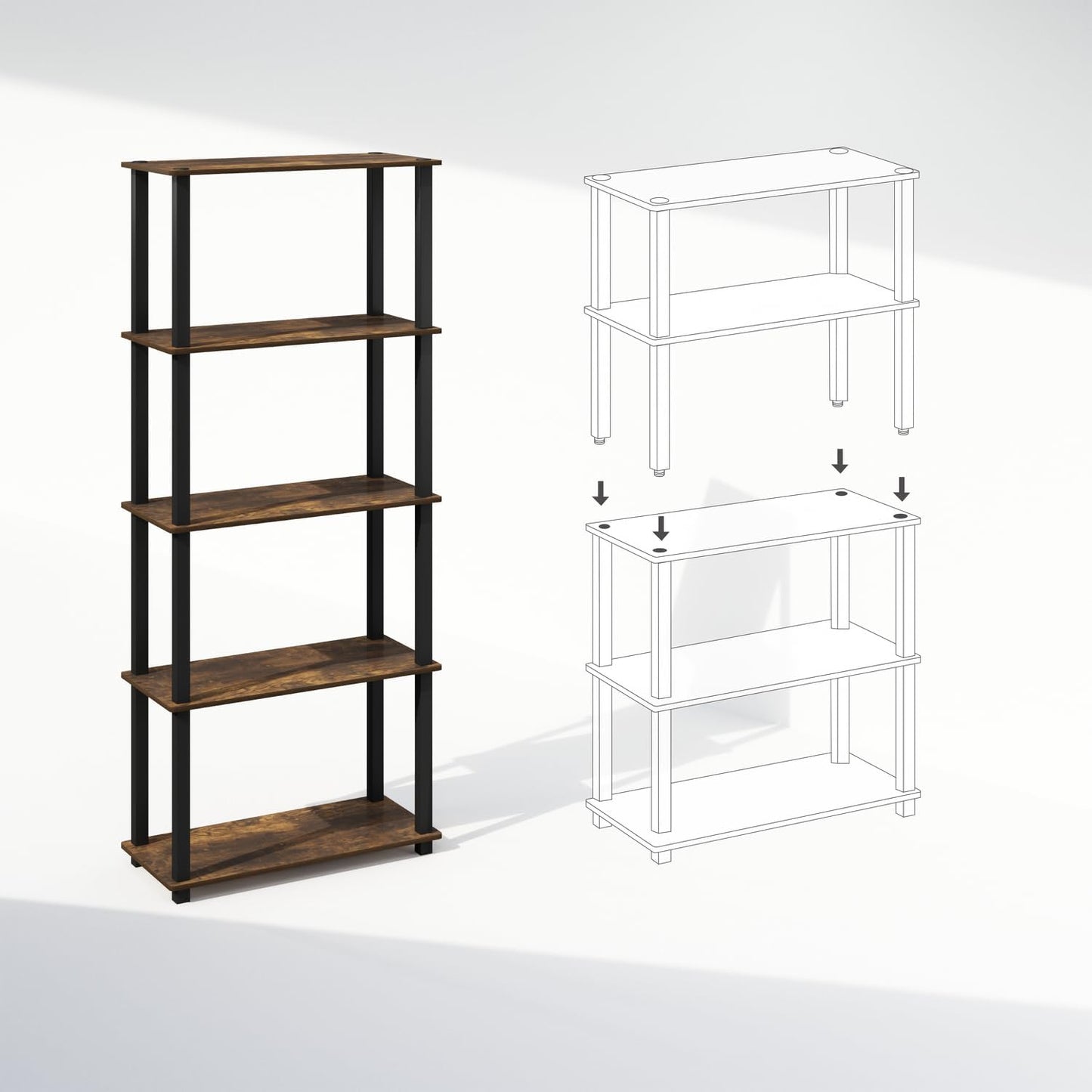 Furinno Turn-S-Tube 3-Tier Compact Multipurpose Shelf Display Rack with Square Tube, Amber Pine/Black, Set of 2