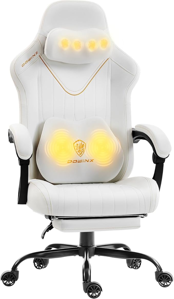 Dowinx Gaming Video Gaming Chair with Shiatsu Neck Massager and Lumbar Support for Home Office High Back Recliner Height Adjustable Ergonomic Comfy Leather Computer Desk Chair (Lvory)
