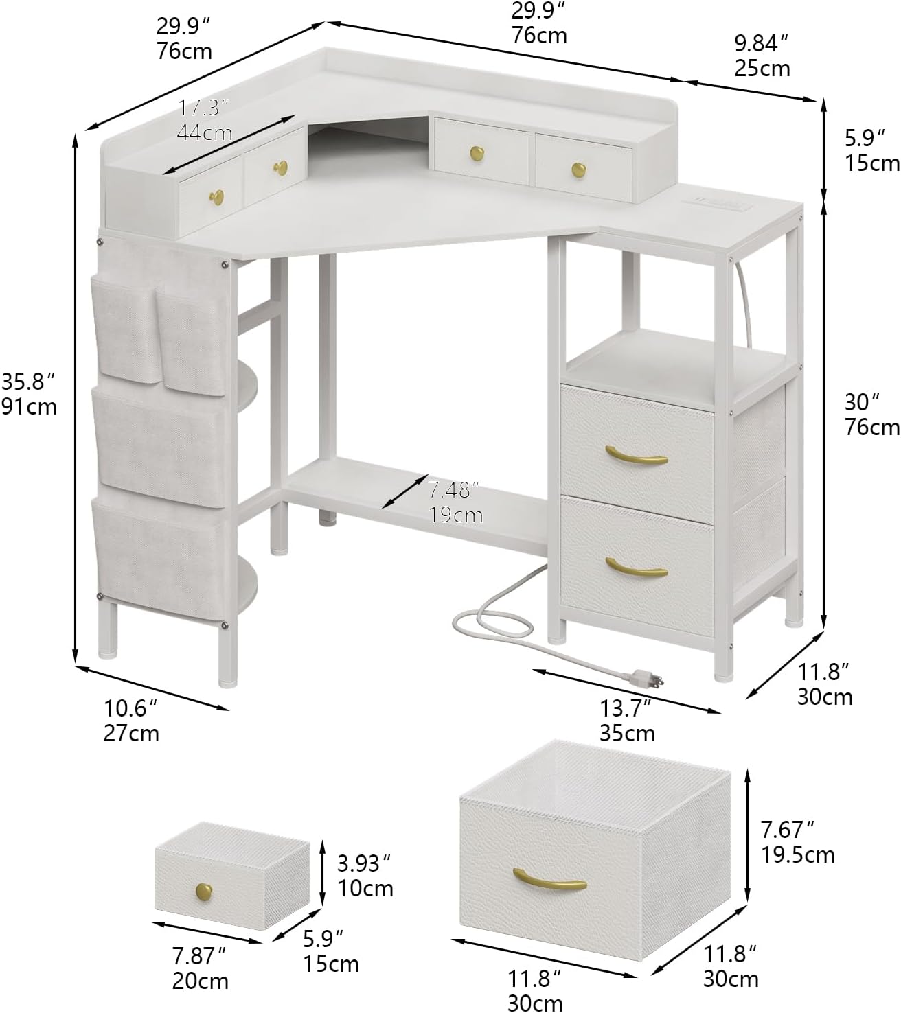 Corner Desk with 6 Drawers Shelves for Small Space Computer Desk with Power Outlets,Gaming Desk with Printer Monitor Stand Storage for Home Office Workstation Writing Table (White, 31.5)