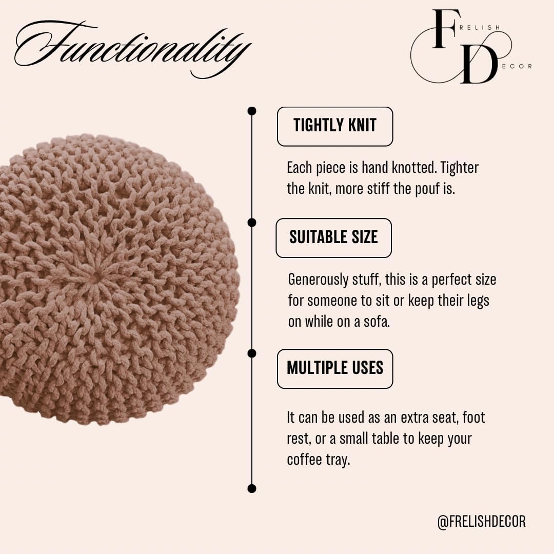 FRELISH DECOR Round Pouf Ottoman Hand Knitted 100% Cotton Pouf Foot Stool - Knitted Bean Bag - Floor Chair for Living Room Bedroom - Foot Rest for Couch (20 Diameter x 14 Height) - Taupe