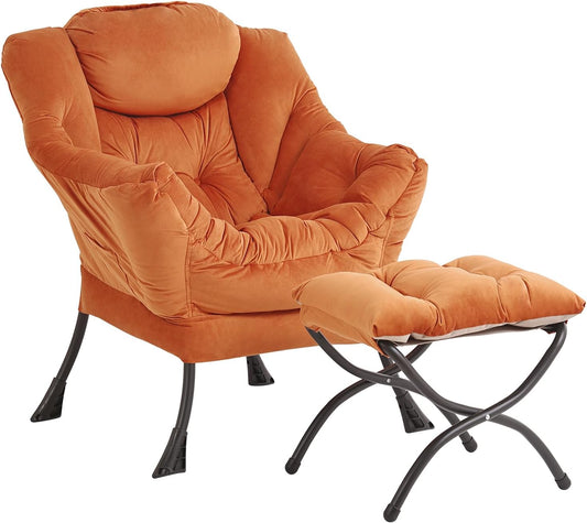 Lazy Chair and Ottoman, Large Accent Lounge Chair with Armrests and a Side Pocket, Modern Leisure Upholstered Sofa Reading Armchair with Footrest for Bedroom, Living Room, Dorm Rooms, Office