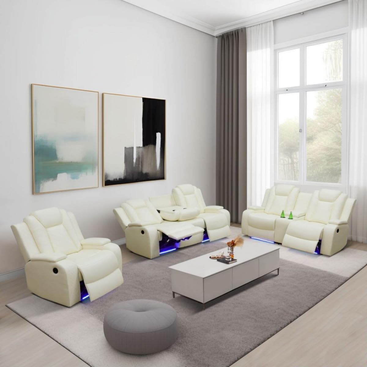 Electric Power Recliner Chair/Loveseat/Sofa Living Room, Comfy Home Theater Breathing Leather Seating with USB 2.0 Charging Ports, LED Light Strips, Fold-Down Table & Cupholders (White, 3-Piece)