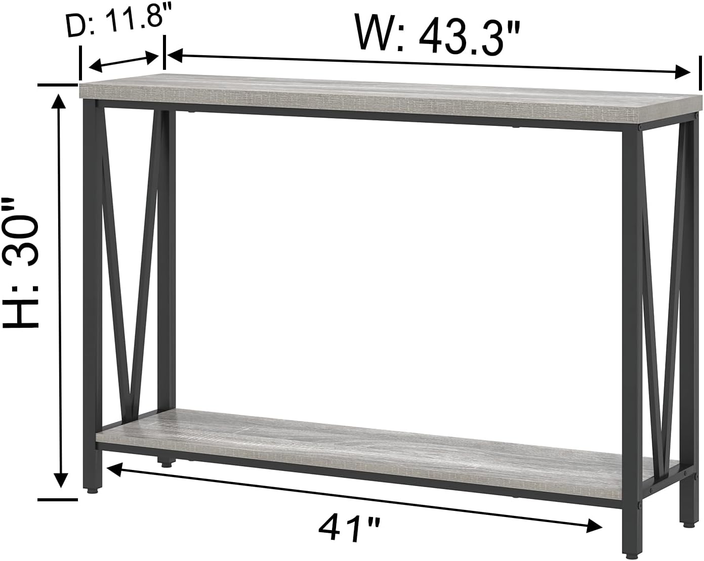 FOLUBAN Industrial Sofa Console Table, Rustic Wood and Metal Entryway Hallway Table for Living Room Entrance, 43.3 Inch Light Grey