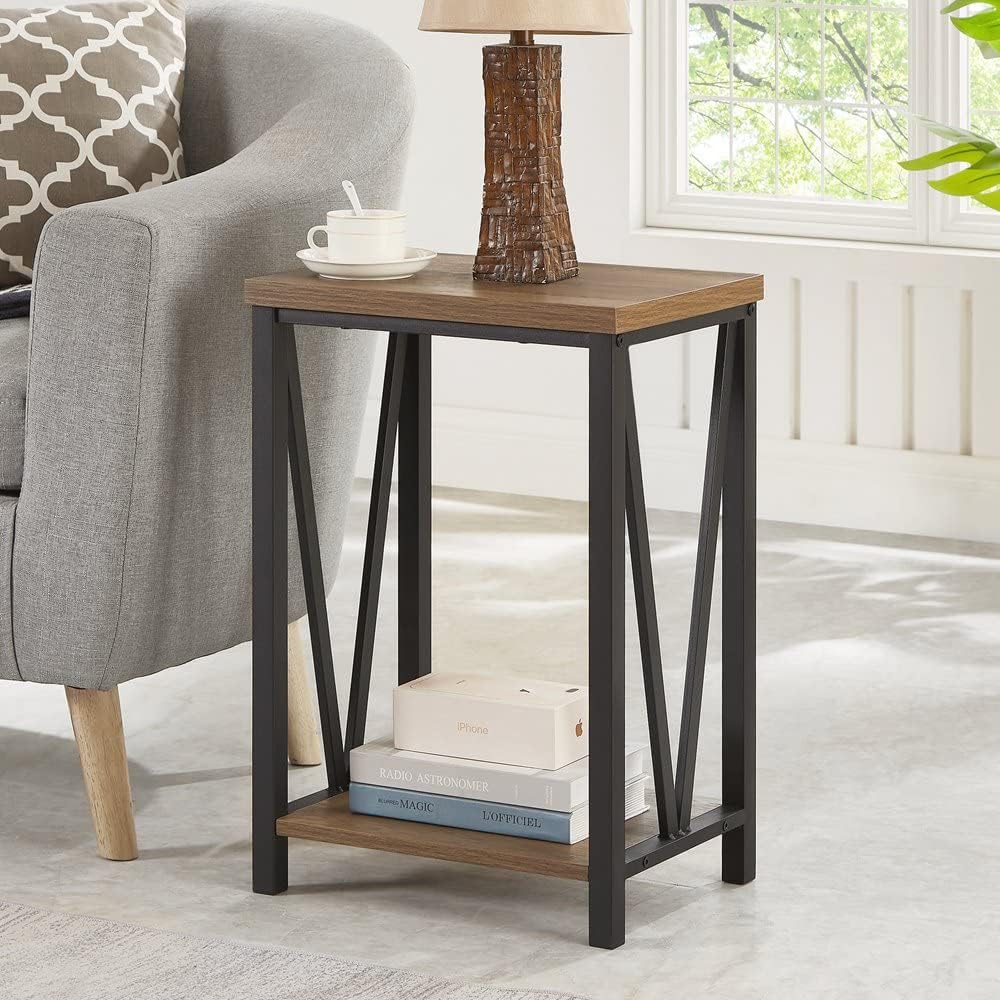 FOLUBAN Side Table with Storage Shelf, Rustic End Table for Living Room, Wood and Metal Nightstand for Bedroom, Oak