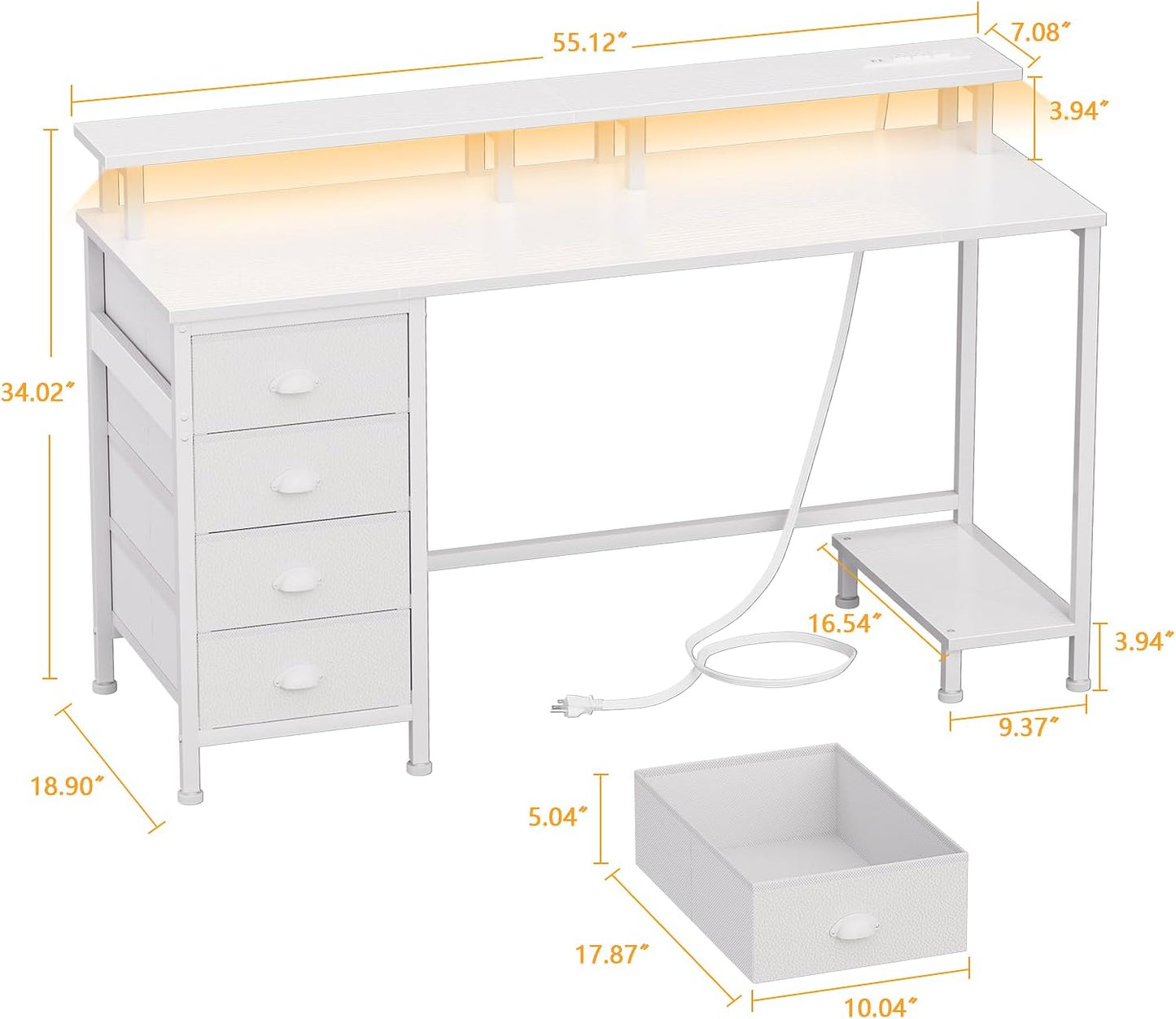Furologee 55" White Computer Desk with 4 Fabric Drawers & Monitor Stand, Gaming Desk with Power Outlets - LED Lights, Home Office Space-Saving Study Table for Bedroom Small Spaces