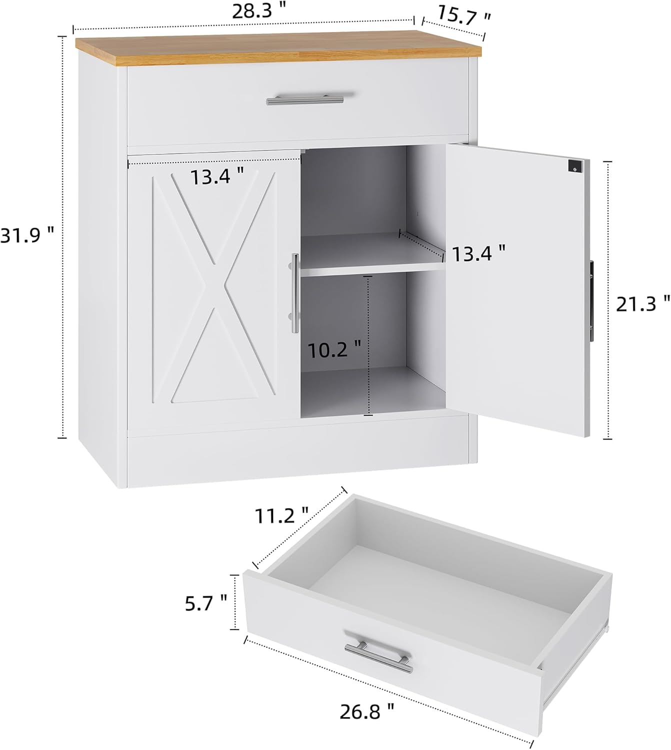 Shintenchi Farmhouse Storage Cabinets with Doors and Shelves,Kitchen Barn Door Storage Cabinet with Drawers,Coffee Bar Cabinet Buffest Sideboard for Dining Room,Bathroom,Entryway,White