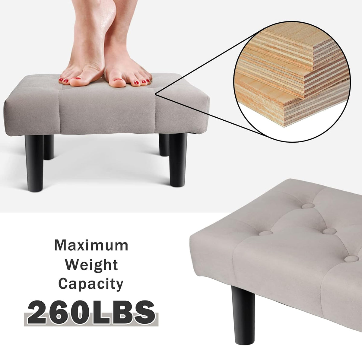 HOUCHICS Small Footstool Ottoman, Velvet Wooden Foot Stool Ottoman with Wood Legs, Sofa Footrest Extra Seating for Living Room Entryway Office(Grey 1PACK)