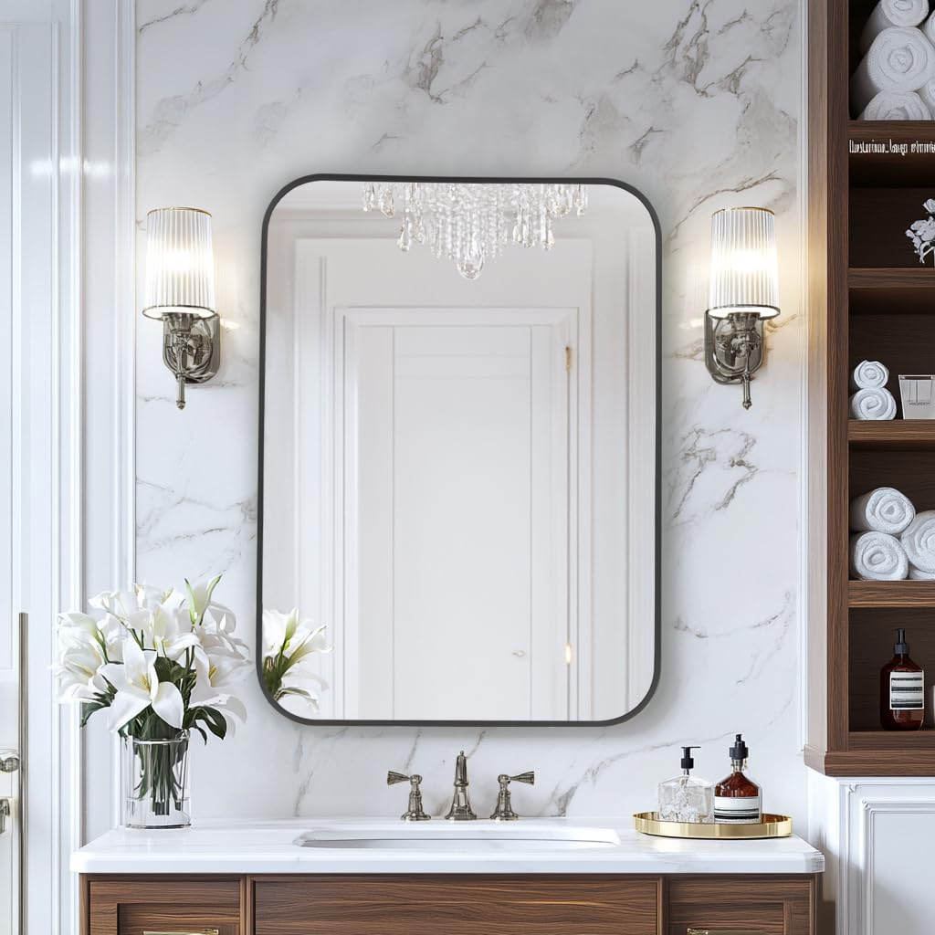 MZON 30x36 Inch Matte Black Wall Mirror, Large Rounded Rectangle Mirror for Living Room or Bathroom, Anti-Rust Frame & Tempered Glass, Horizontal/Vertical Mount - Luxe & Modern Wall Decor