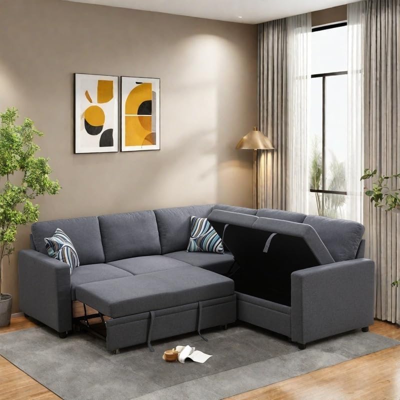 4-Piece L Shaped Sofa Set with Storage Chaise, Convertible Pull Out Couch with Movable Ottoman, Modular Sectional Sofa for Living Room, Apartment, Office, Gray