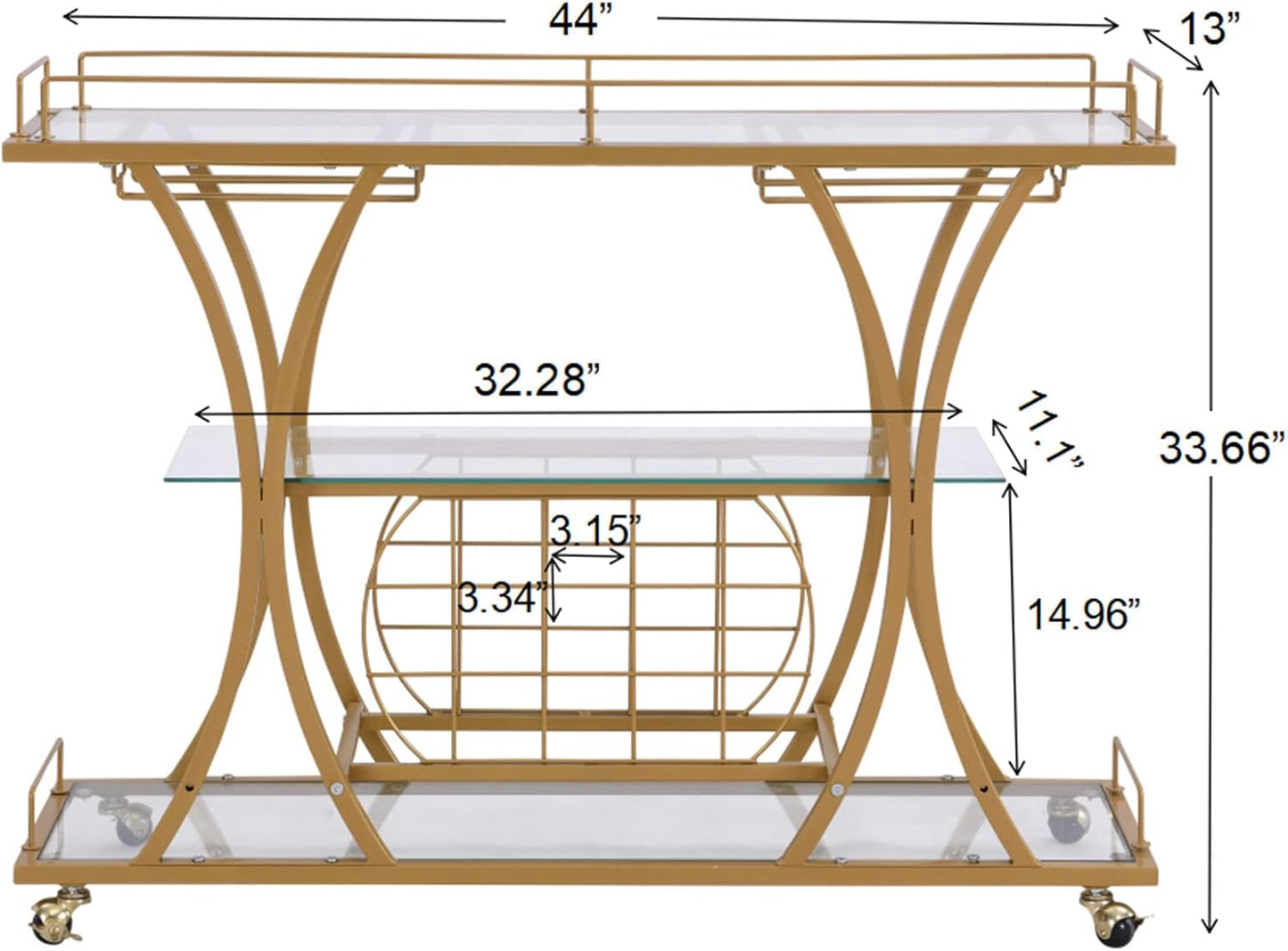 Gold Bar Carts with Glass Holders & Wine Rack,3 Tier Home Bar Serving Carts with Glass Shelves,Metal Rolling Bar Carts for The Home Kitchen, Party