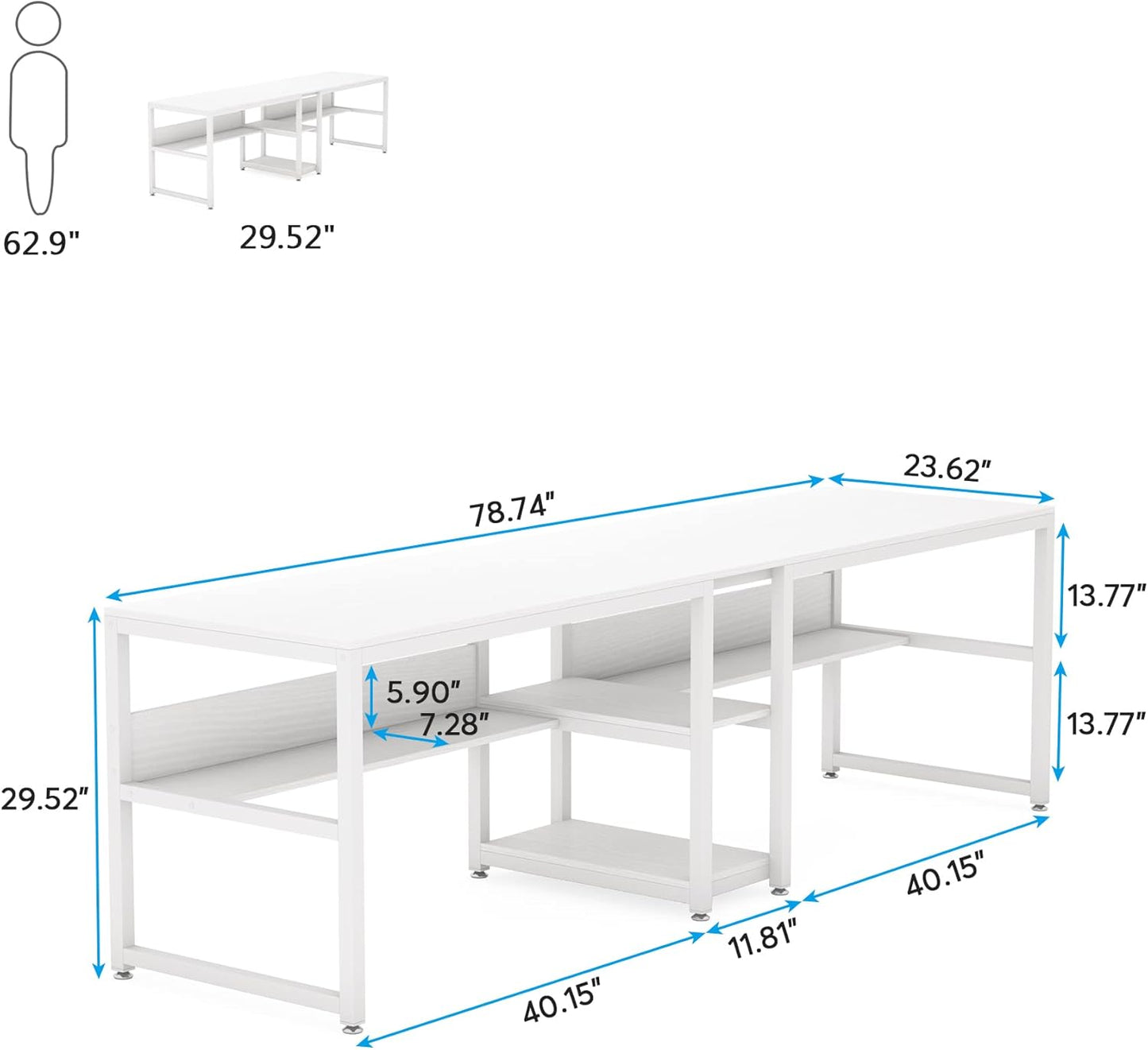 Tribesigns Two Person Desk with Bookshelf, 78.7 Computer Office Double Desk for Two Person, Rustic Writing Desk Workstation with Shelf for Home Office (White)