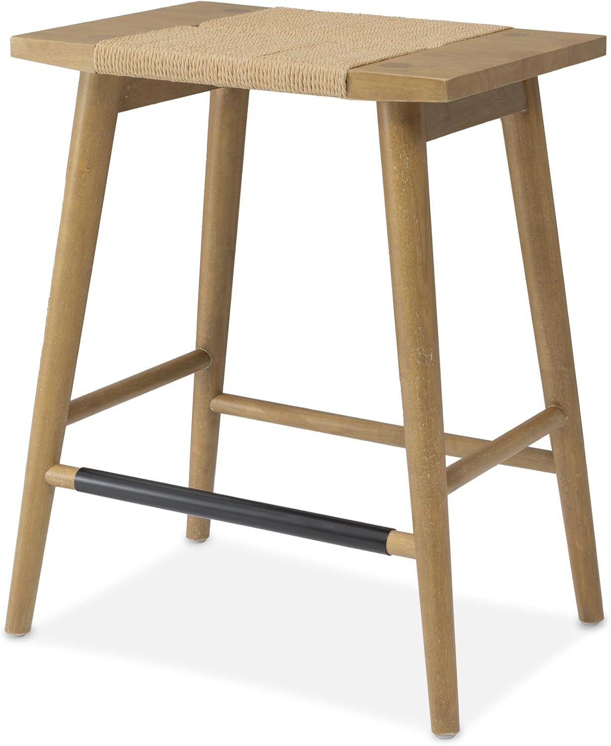 Thor Wicker Counter Height Wooden Counter Stool with Hand-Knitted Rope, K/D, Backless Island 24" Wicker Stool for Kitchen, Solid Wood, Eco-Friendly, Modern Design (Light Brown)