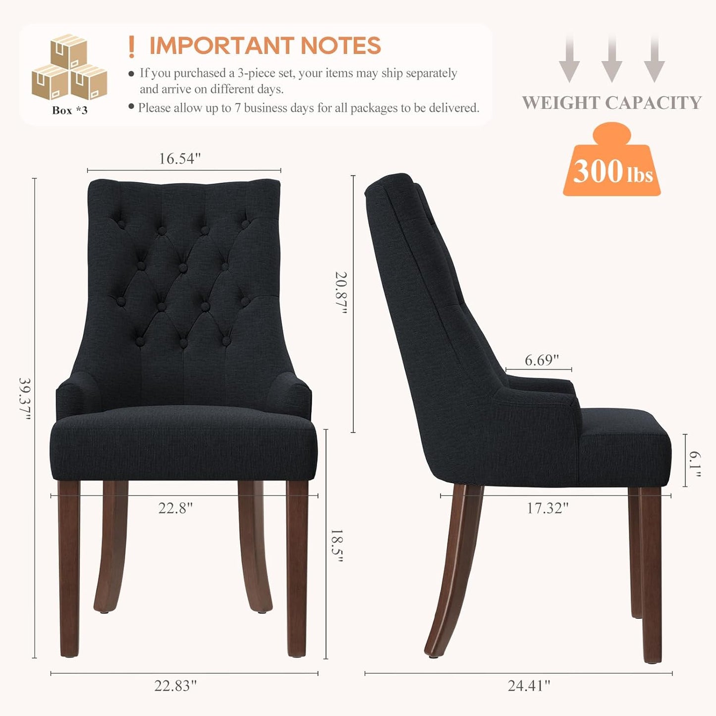 COLAMY Fabric Side Dining Chairs Set of 6, Wingback Upholstered Dining Room Chairs with Tufted Button, Living Room Chairs for Home Kitchen, Black