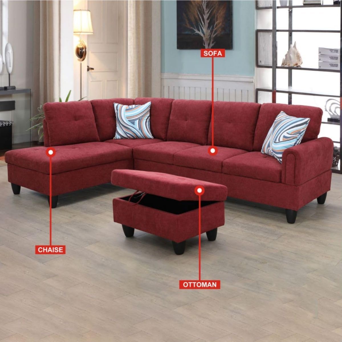 Red L-Shaped 3-Piece Flannel Sofa with Storage Ottoman Set, Sectional Couch Sofa Set for Living Room, Office, Small Space