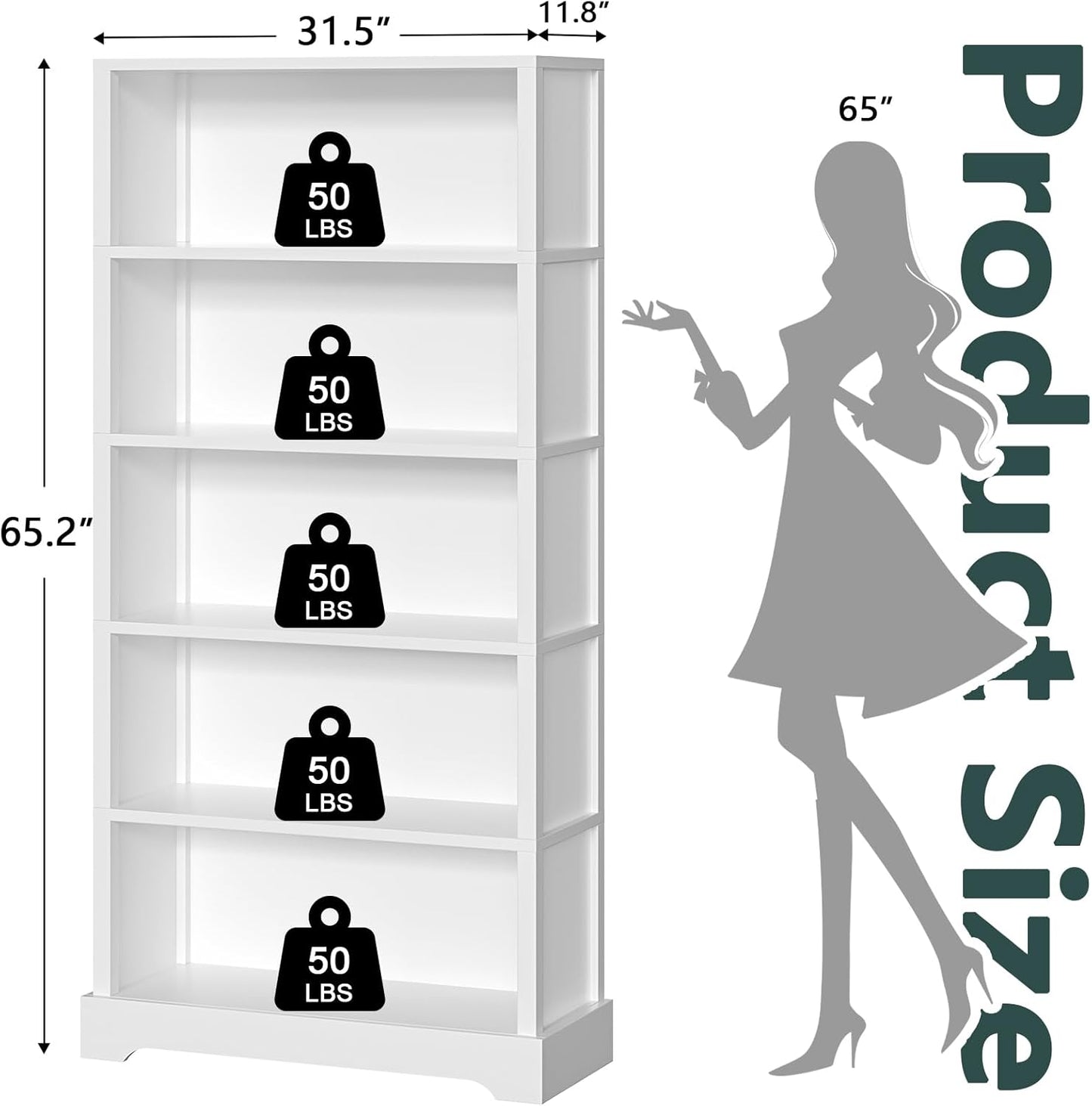 TVU 5-Tier Wooden Book Shelf, 65" Tall Bookshelf with Storage, Floor-Standing Display Bookcase, Farmhouse Style Bookshelf with Arched Base, Suitable for Living Room, Study, Office, White