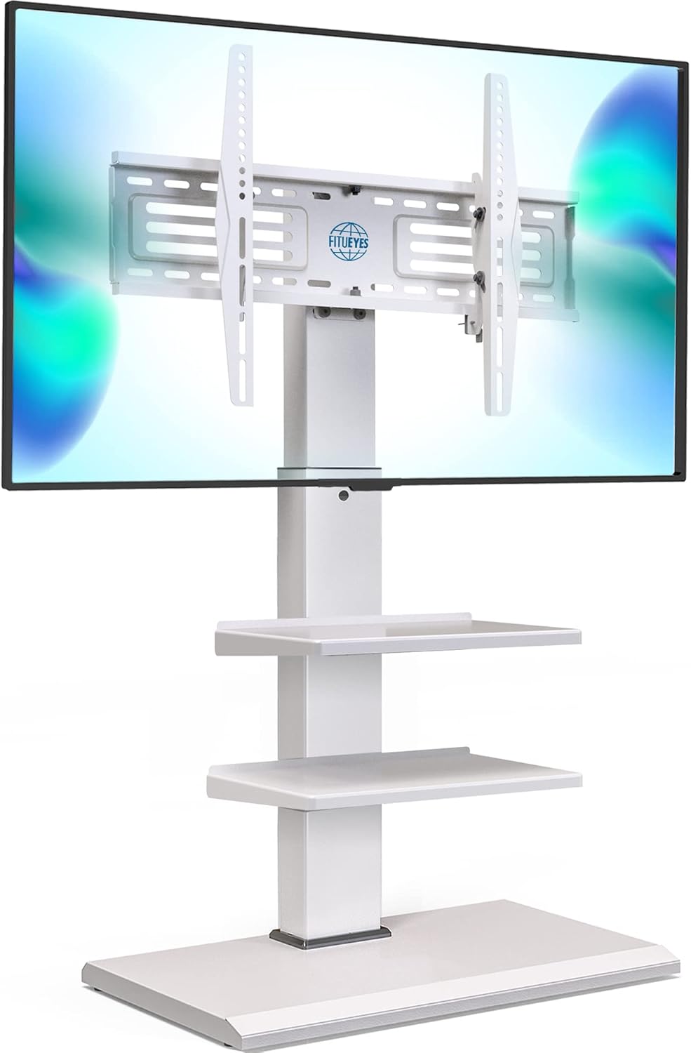 FITUEYES Iron Base Universal Floor TV Stand with Swivel Tilt, TV Mount Stand for 32-75 Inch Screens, Corner TV Stand with Height Adjustable Entertainment Shelves (White)