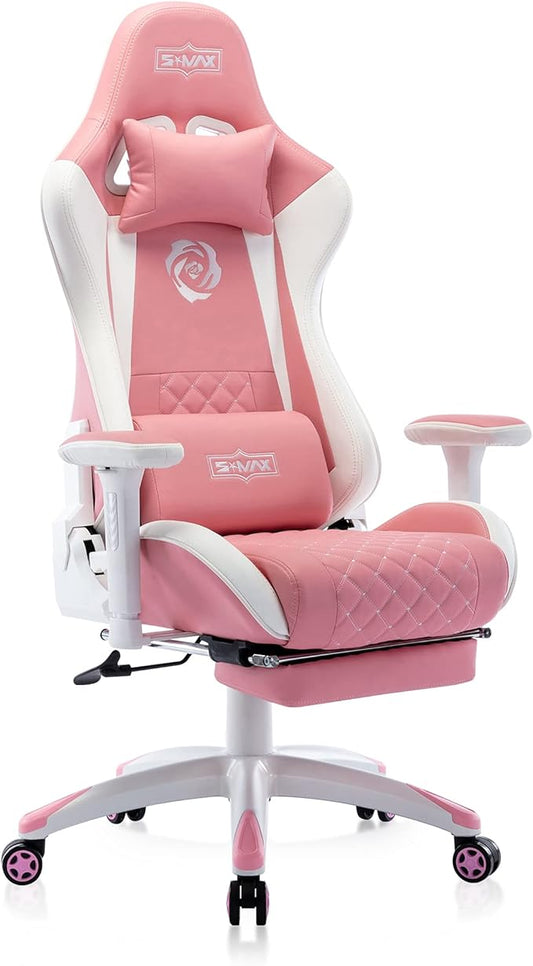 S*MAX Pink Gaming Chair with Footrest Thicken Seat Ergonomic Pink Gamer Chair with 3D Armrest PU Leather Headrest and Lumbar Support High Back Gaming Chair for Girls Pink White
