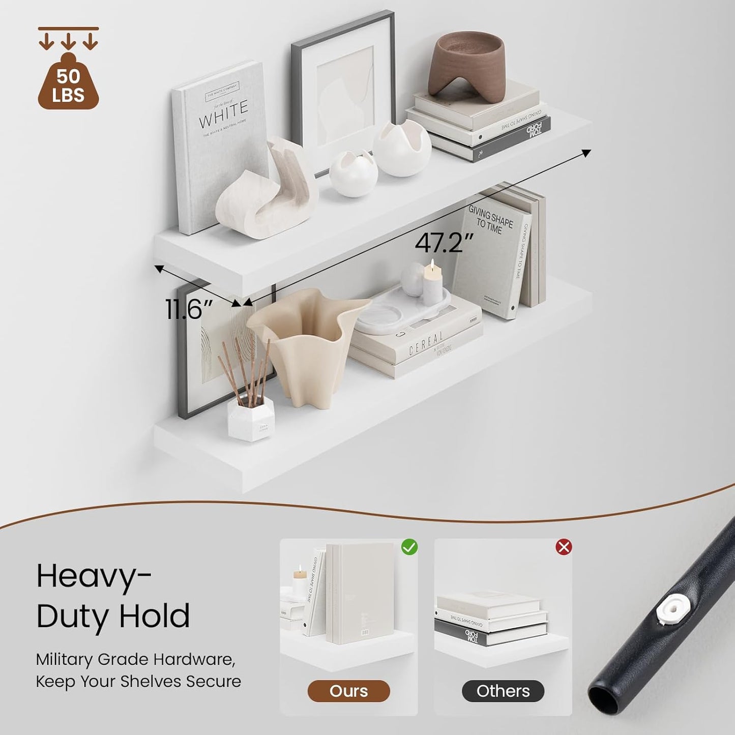 Heimlove 48W x 12D Long Floating Shelf, 12 Inch Deep White Floating Shelves for Wall Set of 2, Wood Shelves for Bedroom Living Room Bathroom Kitchen Home Office, Wall Shelves with Heavy Duty Bracket