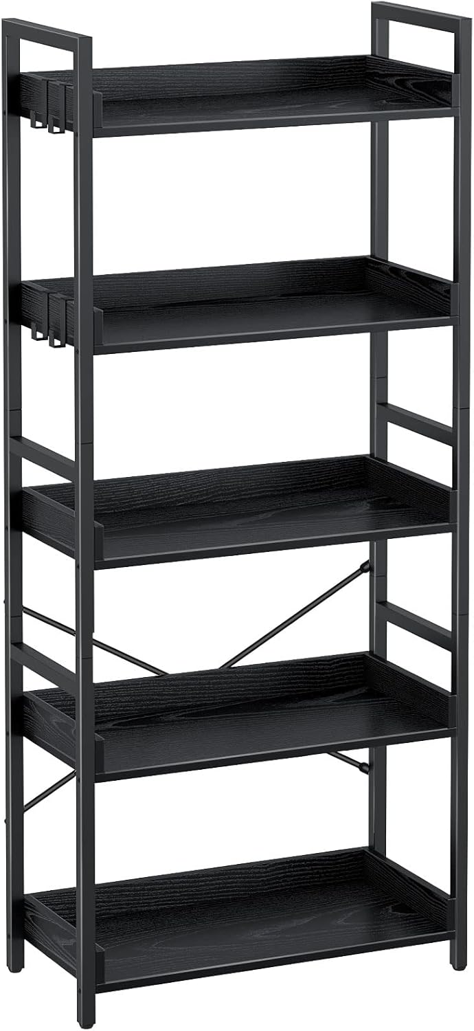 Rolanstar Bookshelf 5 Tier with 4 Hooks, Industrial Wood Bookcase, Vintage Storage Rack with Open Shelves, Rustic Standing Bookshelves Metal Frame Display Rack for Living Room, Bedroom, Black