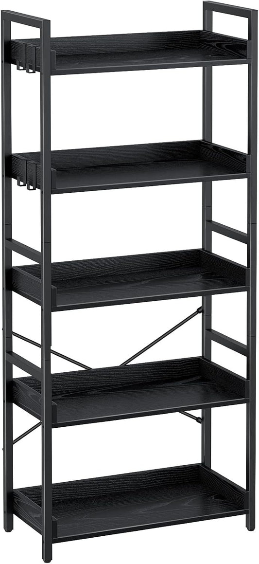 Rolanstar Bookshelf 5 Tier with 4 Hooks, Industrial Wood Bookcase, Vintage Storage Rack with Open Shelves, Rustic Standing Bookshelves Metal Frame Display Rack for Living Room, Bedroom, Black