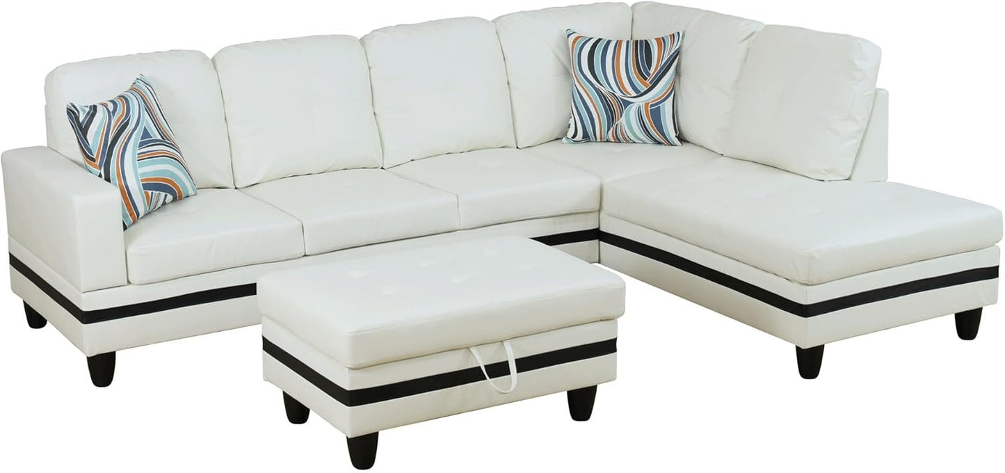 Osparple L Shaped Couch PU Leather Sectional Couch Upholstered 3 Pieces Sofas for Living Room with Chaise, Ottoman with Storage for Office and Small Apartment, Black and White