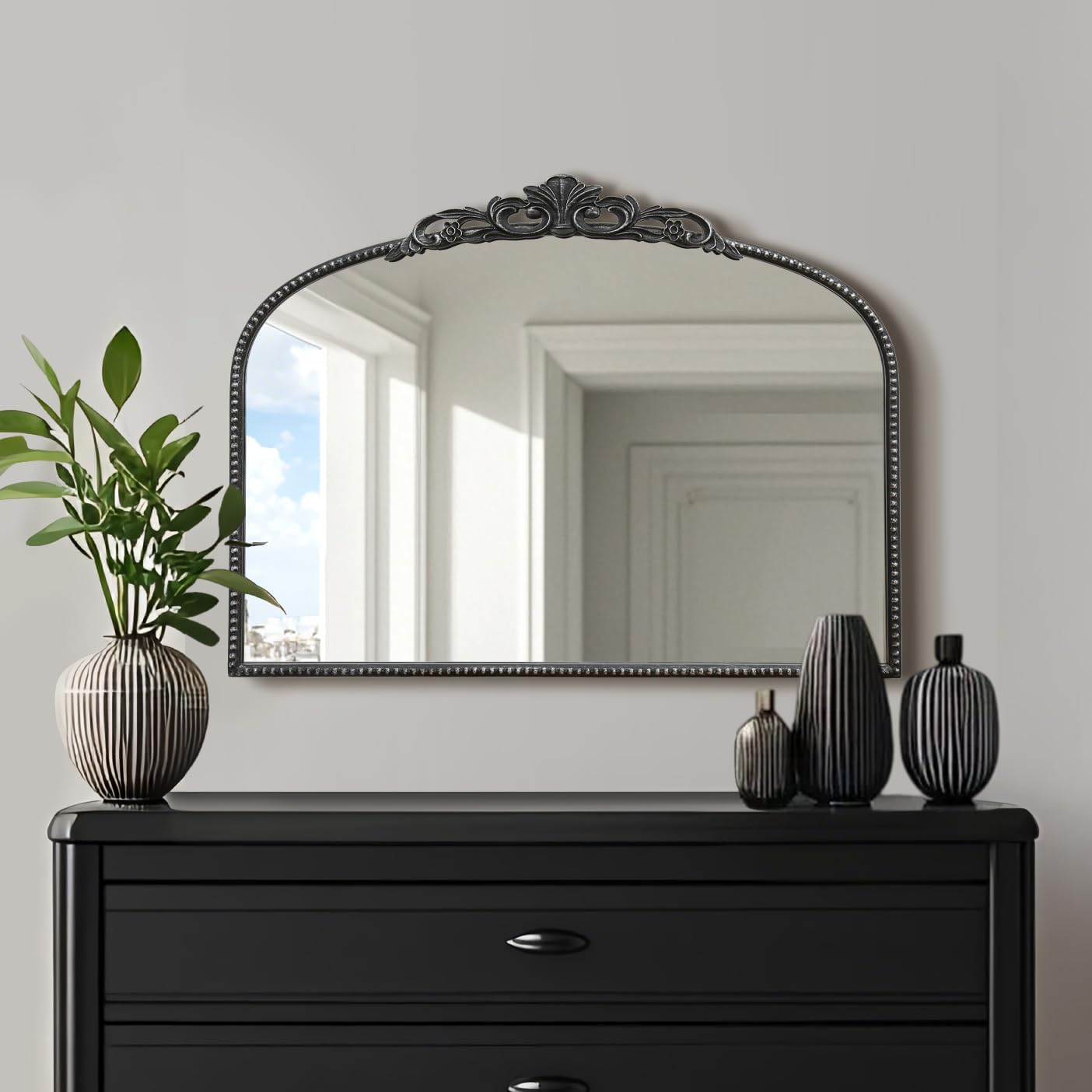 Micasso Black Vintage Wall Mirror: 24"x 32" French Baroque Antique Arched Wall Mounted Mirror - Traditional Ornate Decorative Entryway Mirror for Home Decor/Entryway/Fireplace/Living Room/Hallway