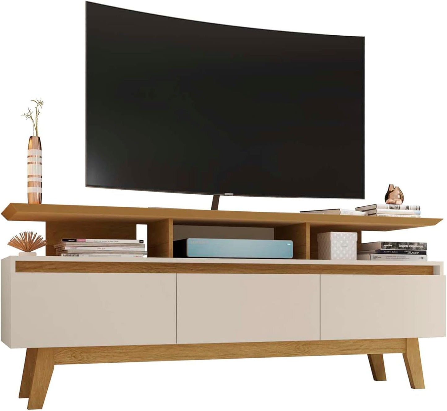 Manhattan Comfort Yonkers 63 Inch Mid Century Modern TV Stand with Storage, 3 Flip Down Door, Hole for Wire Management, Fits Up to 60" Television, Durable & Versatile Console Table, Off White/Cinnamon