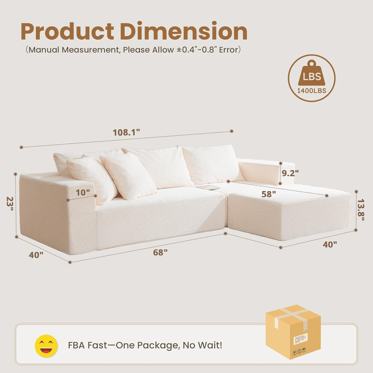 Modular Sectional Sofa, 108" L-Shaped Boneless Couch with Deep Seat, Corduroy Cloud Couch for Living Room, Bedroom, No Assembly Required, Ship in a Box, Beige