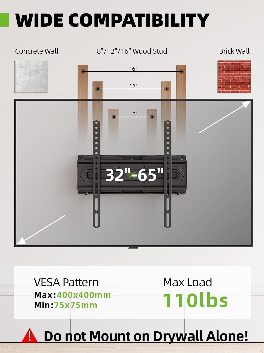 USX MOUNT TV Wall Mount for 32-65 inch Flat Screen/LED/4K up to 110lbs, Full Motion TV Mount Bracket with Swivel & Tilt Articulating Dual Arms, Max VESA 400x400mm, Fits 12/16" Wood Studs