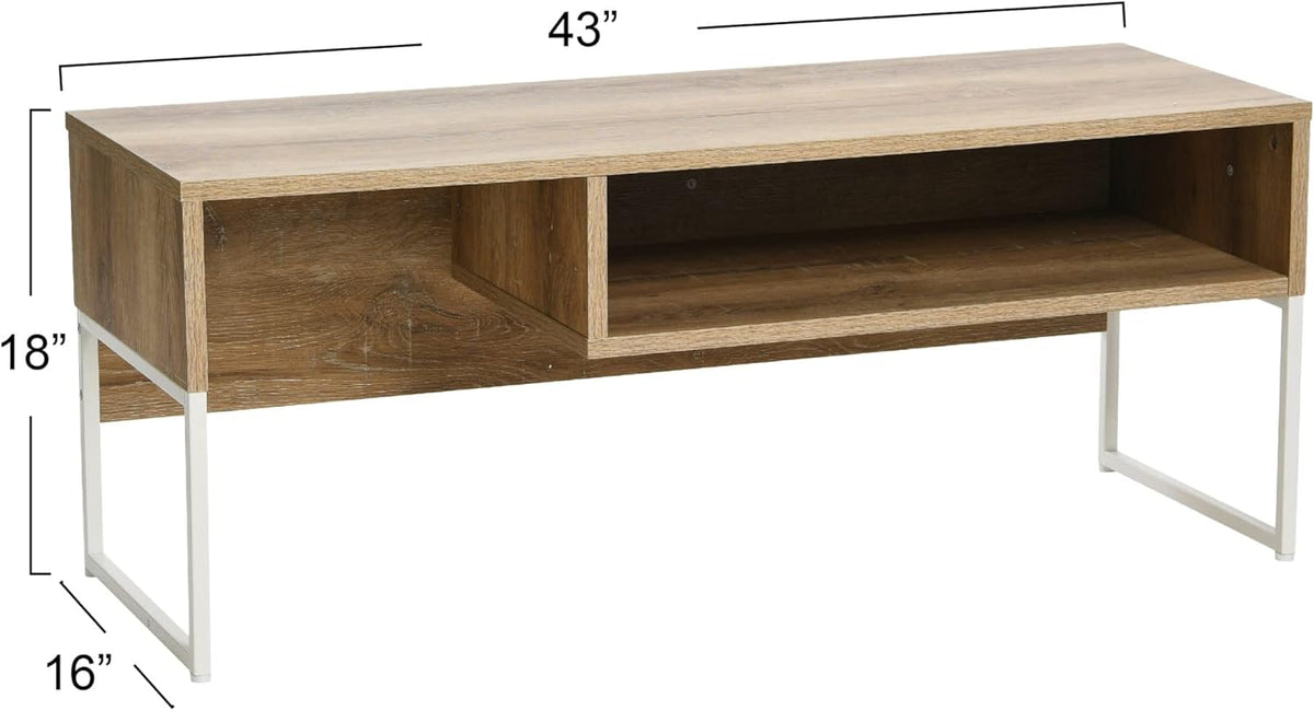 Household Essentials Wrap TV Stand with Rectangular Storage Compartment Coastal Oak Rustic Wood Grain and White Metal