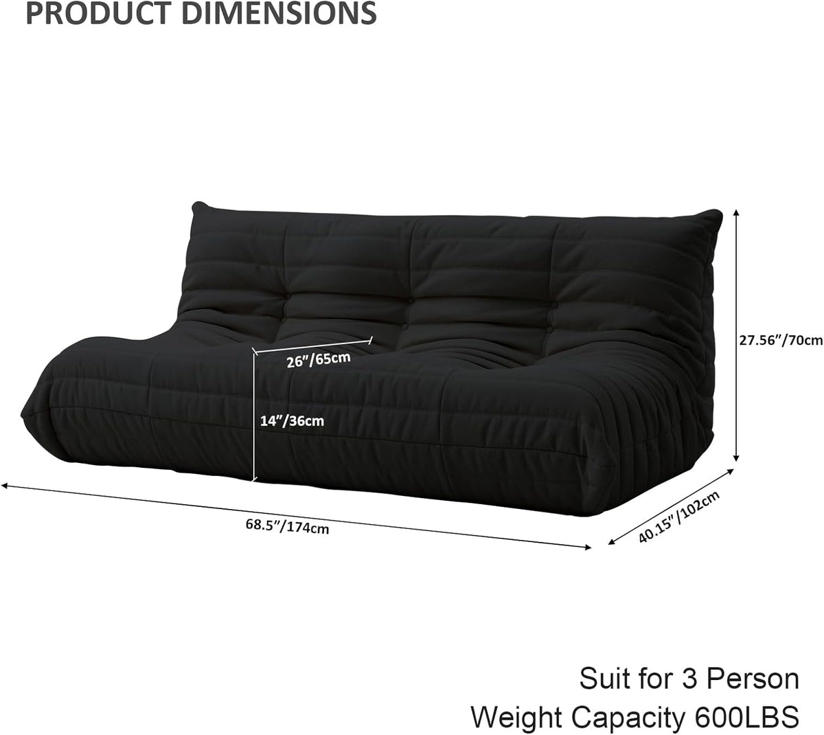 Luxury Sofa Couch Chair, Lazy Floor Seating, Fireside Bean Bag Chair, Ergonomic Tatami Sofa Lounger for Living Room, Bedroom, Office, 3 Seat, Black
