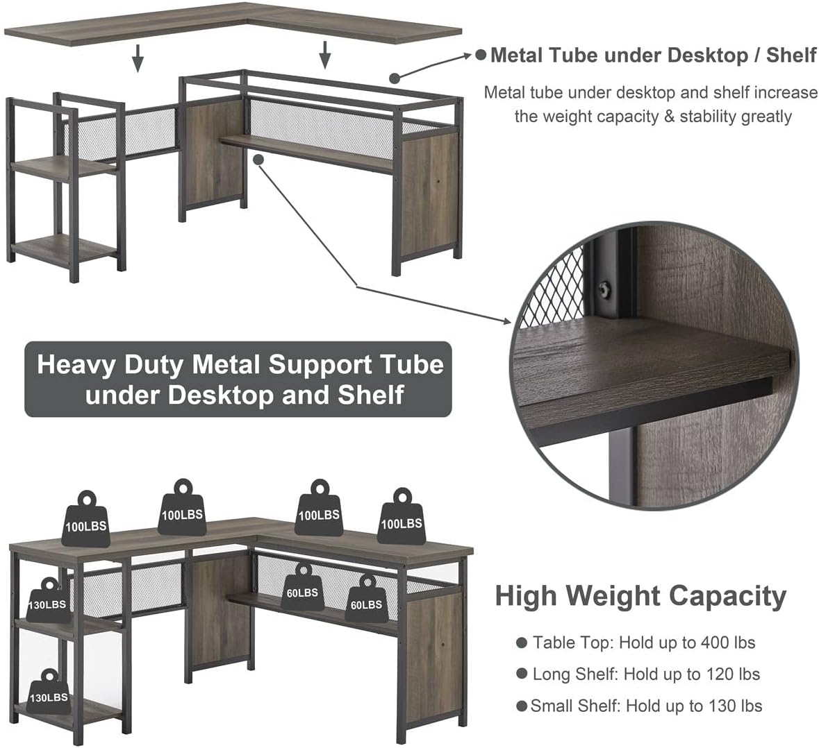FATORRI L Shaped Desk, Industrial Reversible Home Office Computer Desk with Wood Shelves, Corner Desks with Metal Legs (Walnut Brown, 59 Inch)
