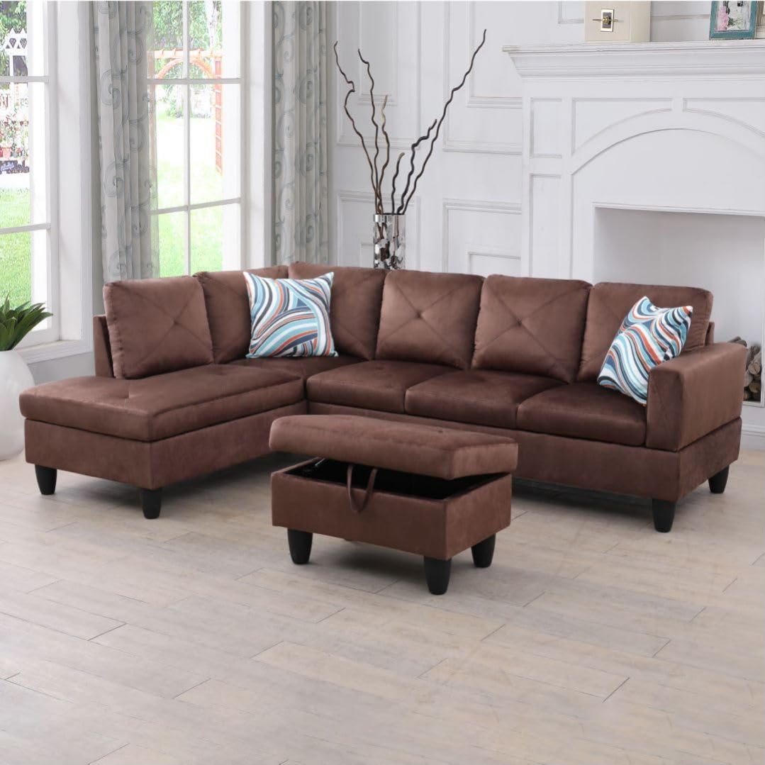 Brown L-Shaped 3-Piece Microfiber Sofa with Storage Ottoman Set, Sectional Couch Sofa Set for Living Room, Office, Small Space