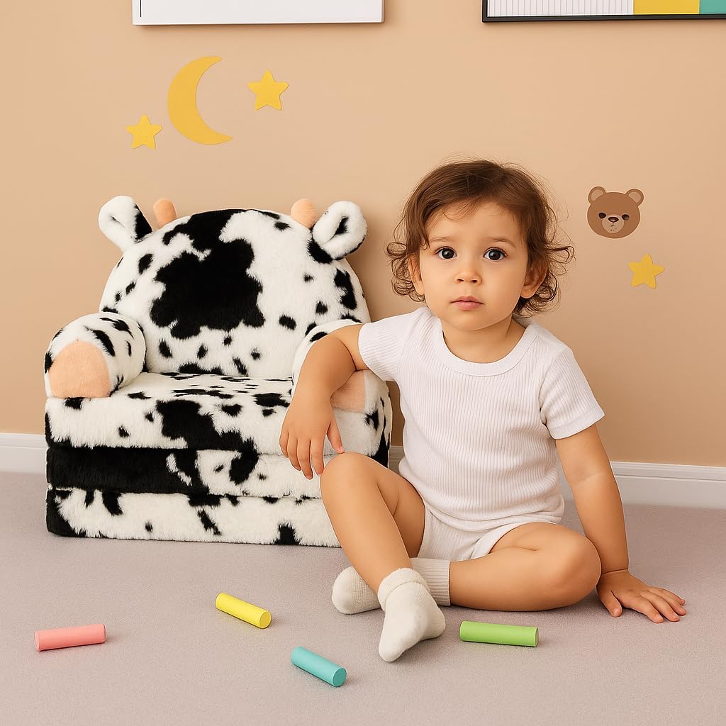Toddler Chair with Faux Rabbit Fur – 2-in-1 Foldable Kids Couch, Soft Sofa for Reading, Napping, Bedroom or Playroom Use, 18 Months+ （Cow）