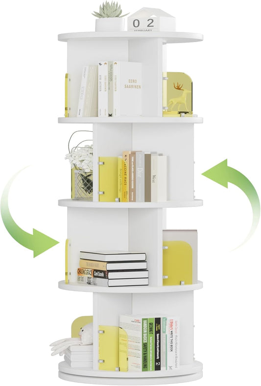 VECELO 4-Tier Rotating Bookshelf, Small Corner Bookshelf for Small Space, 360 Display Floor Standing Bookcase Storage Rack, Wood Narrow Book Shelf Organizer for Bedroom, Living Room, White